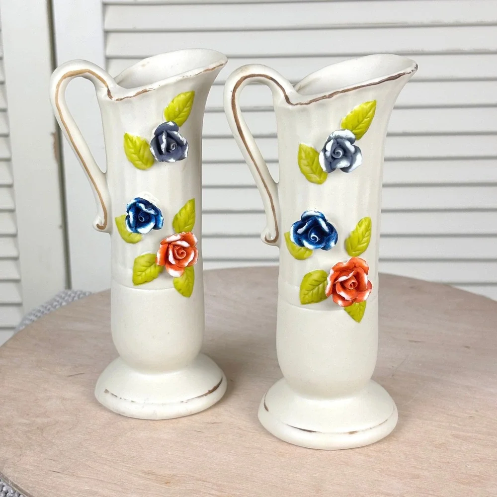 UCGC 60s Cream Capodimonte Vase Pair Orange Cobalt Blue Floral Pitcher MCM Decor